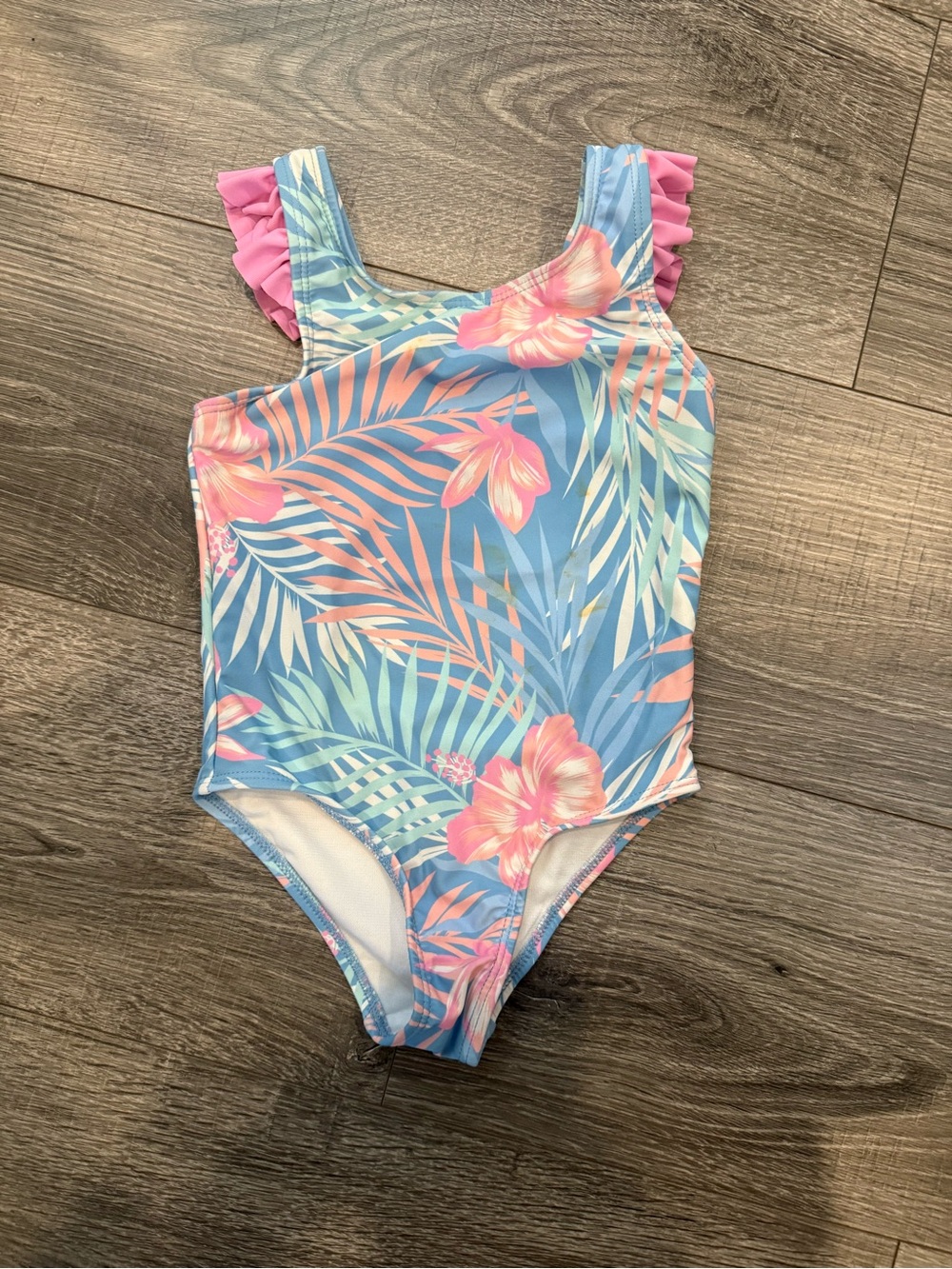 Girls Tropical Floral One-Piece Swimsuit in Blue and Pink